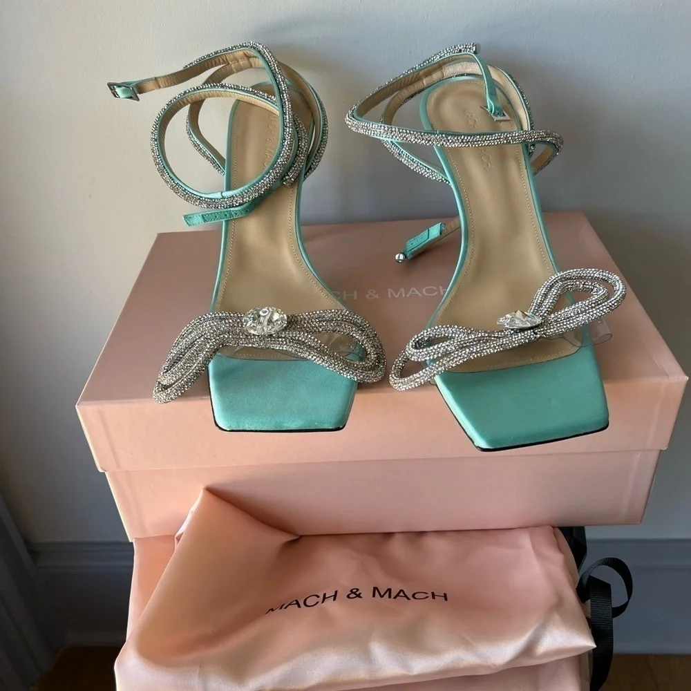 MACH & MACH Double Crystal Bow Square Toe Sandal Mint - Picture 3 of 14
